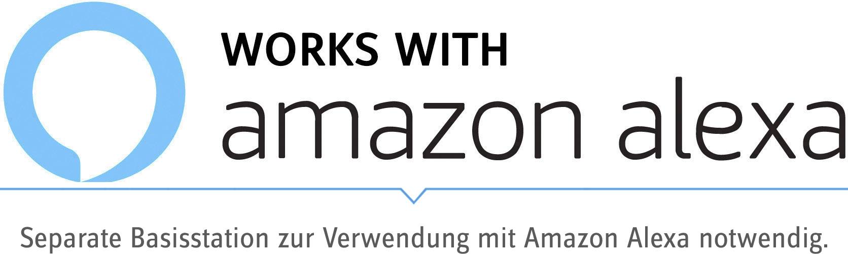 Logo mit Text 'Works with Amazon Alexa'. Darunter steht 'Separate Basisstation zur Verwendung mit Amazon Alexa notwendig'.