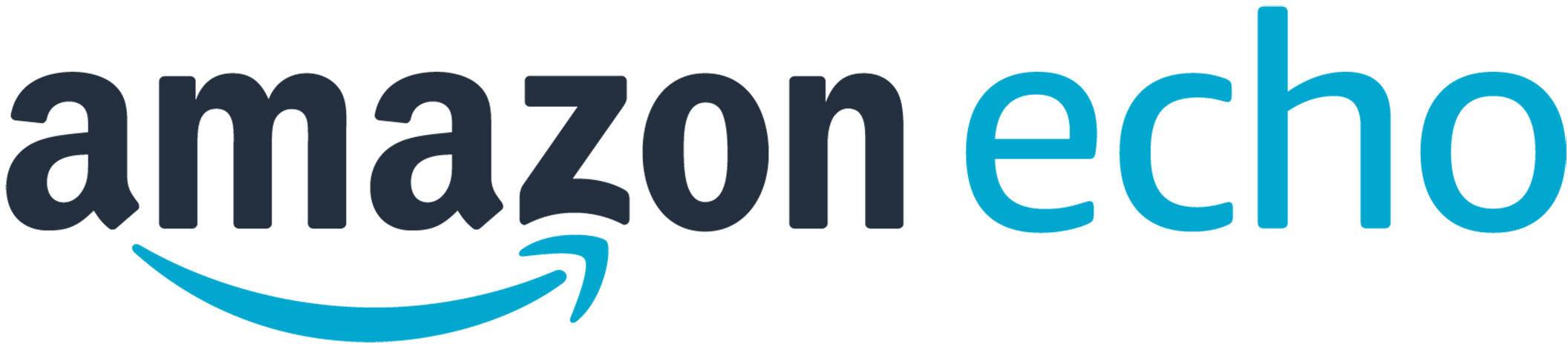 Logo des Amazon Echo: Der Schriftzug 'amazon echo' mit dem charakteristischen Pfeil unter 'amazon', in schwarzen und blauen Buchstaben.