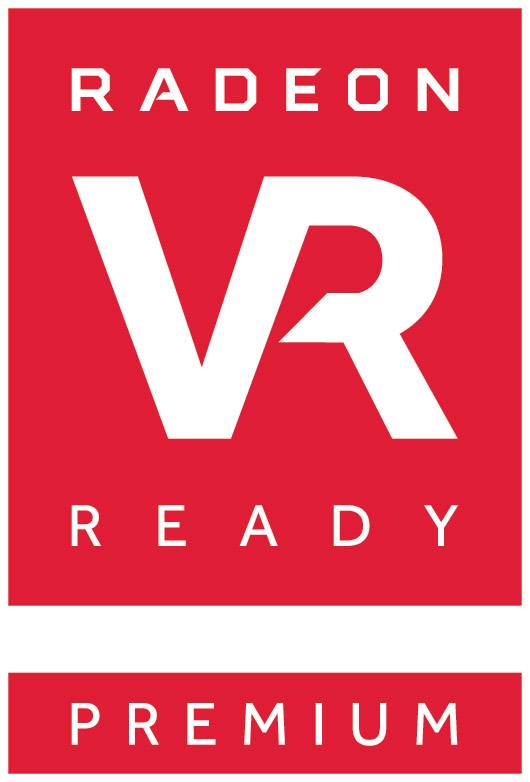 Logo mit dem Text 'Radeon VR Ready Premium', weiße Schrift auf rotem Hintergrund. Symbolisiert VR-fähige Premium-Hardware von Radeon.