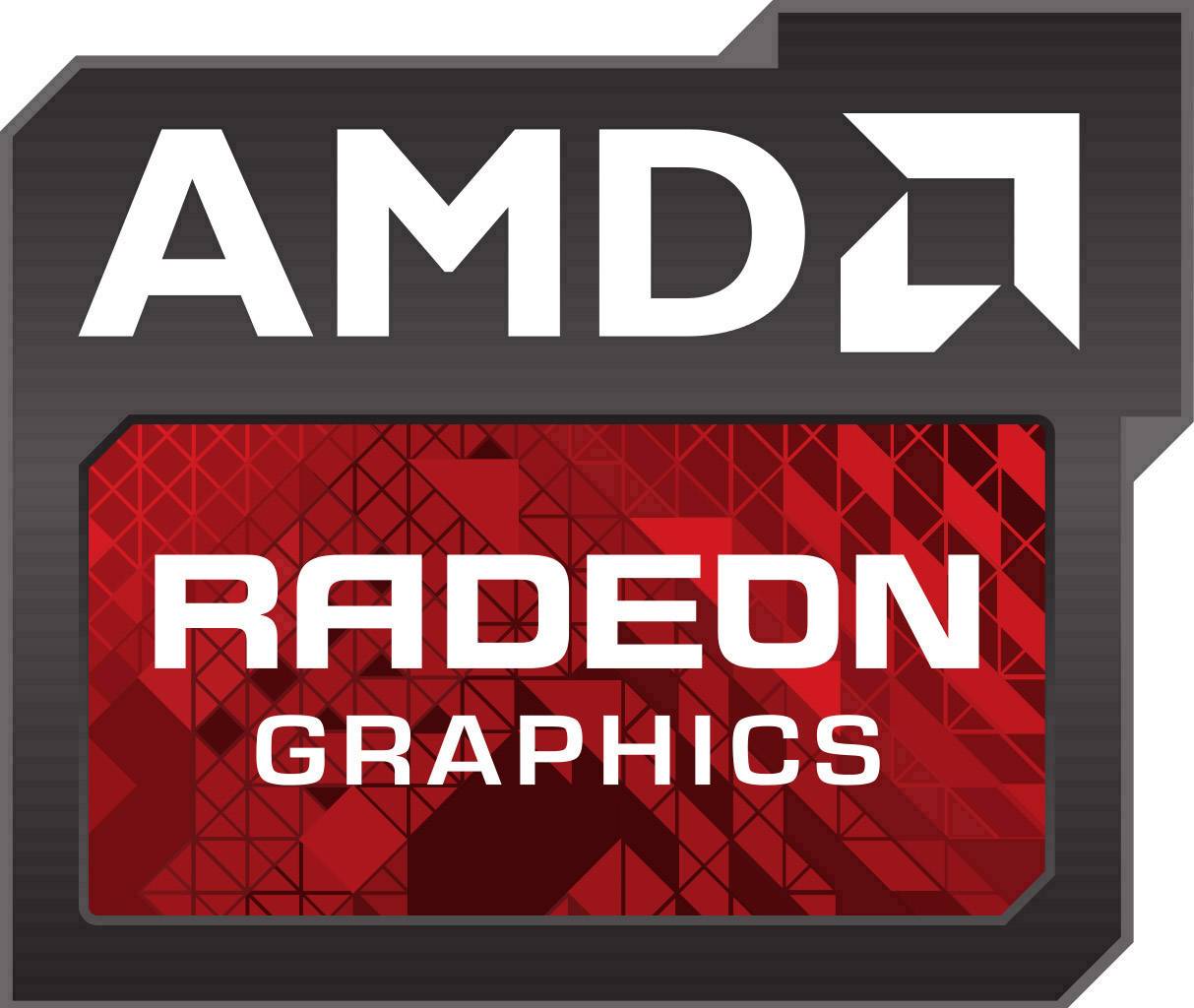 'AMD Radeon Graphics' Logo in Rot und Schwarz mit geometrischem Muster.