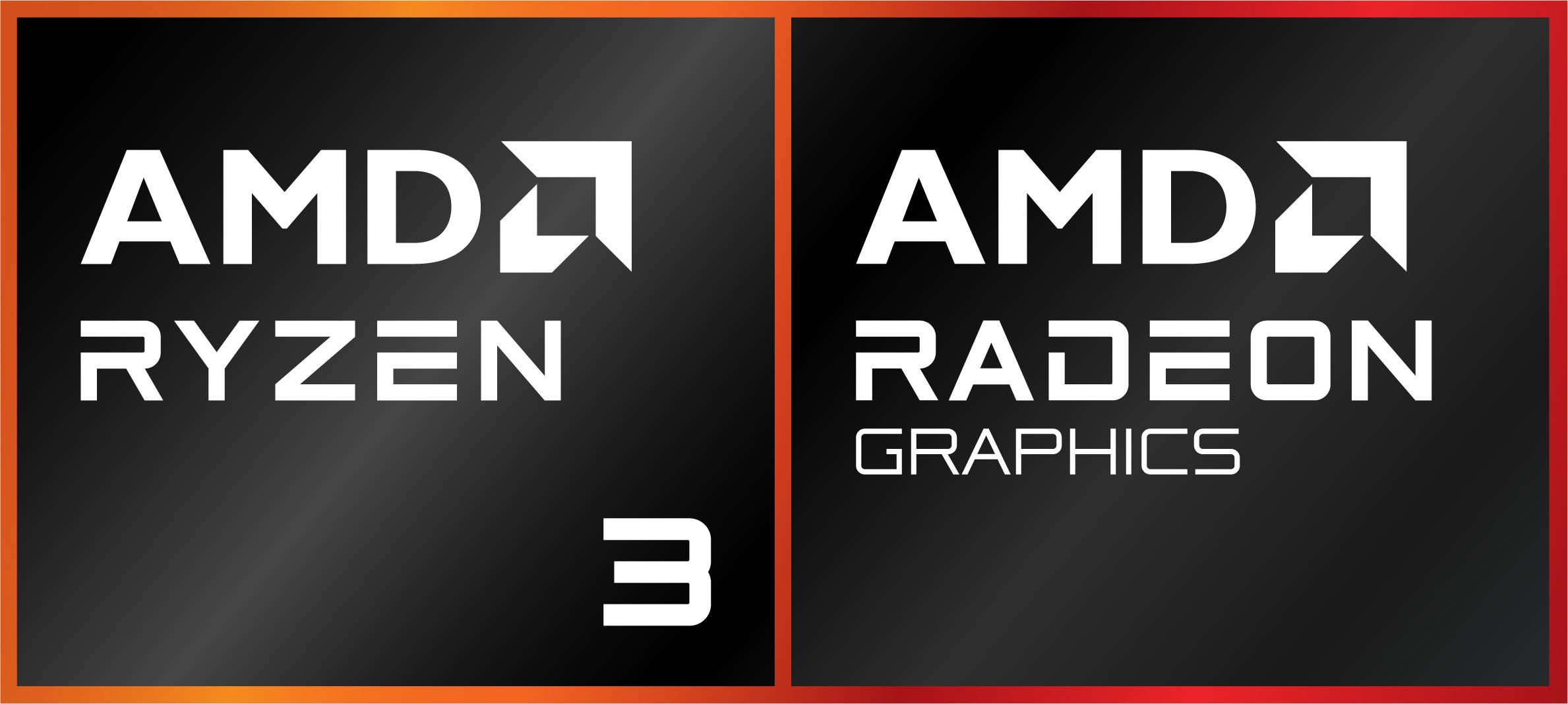 AMD Ryzen 3 und AMD Radeon Graphics Logos auf einem schwarzen Hintergrund mit orangefarbenen Rahmen, die Prozessor- und Grafikbranding anzeigen.