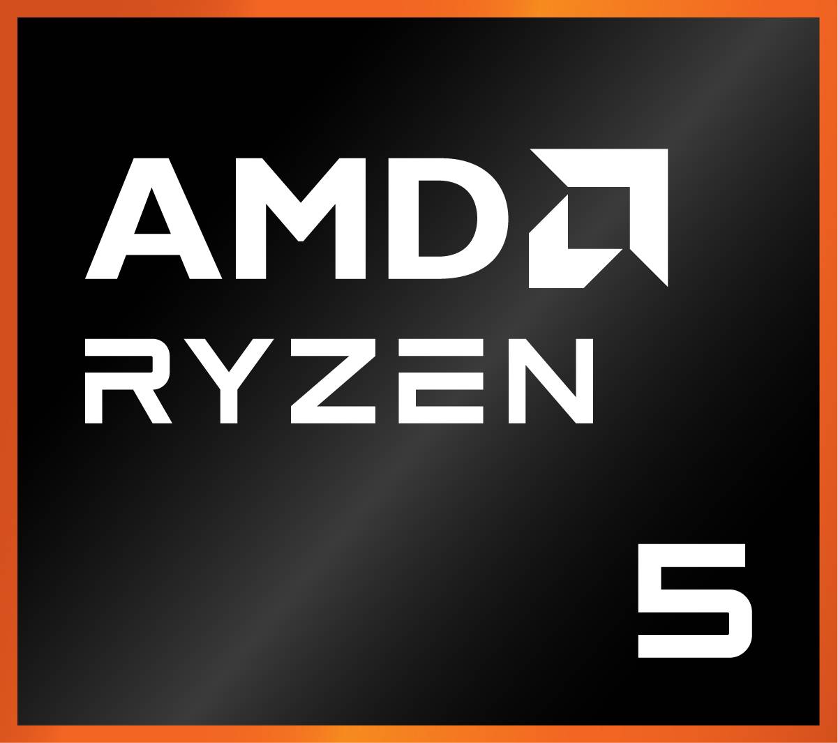 Logo von 'AMD Ryzen 5' auf einem schwarzen Hintergrund mit orangefarbener Umrandung, der die Marke und das Modell des Prozessors hervorhebt.