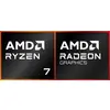 'AMD Ryzen 7' und 'AMD Radeon Graphics' Logos nebeneinander auf schwarzem Hintergrund mit orange und roten Umrandungen.
