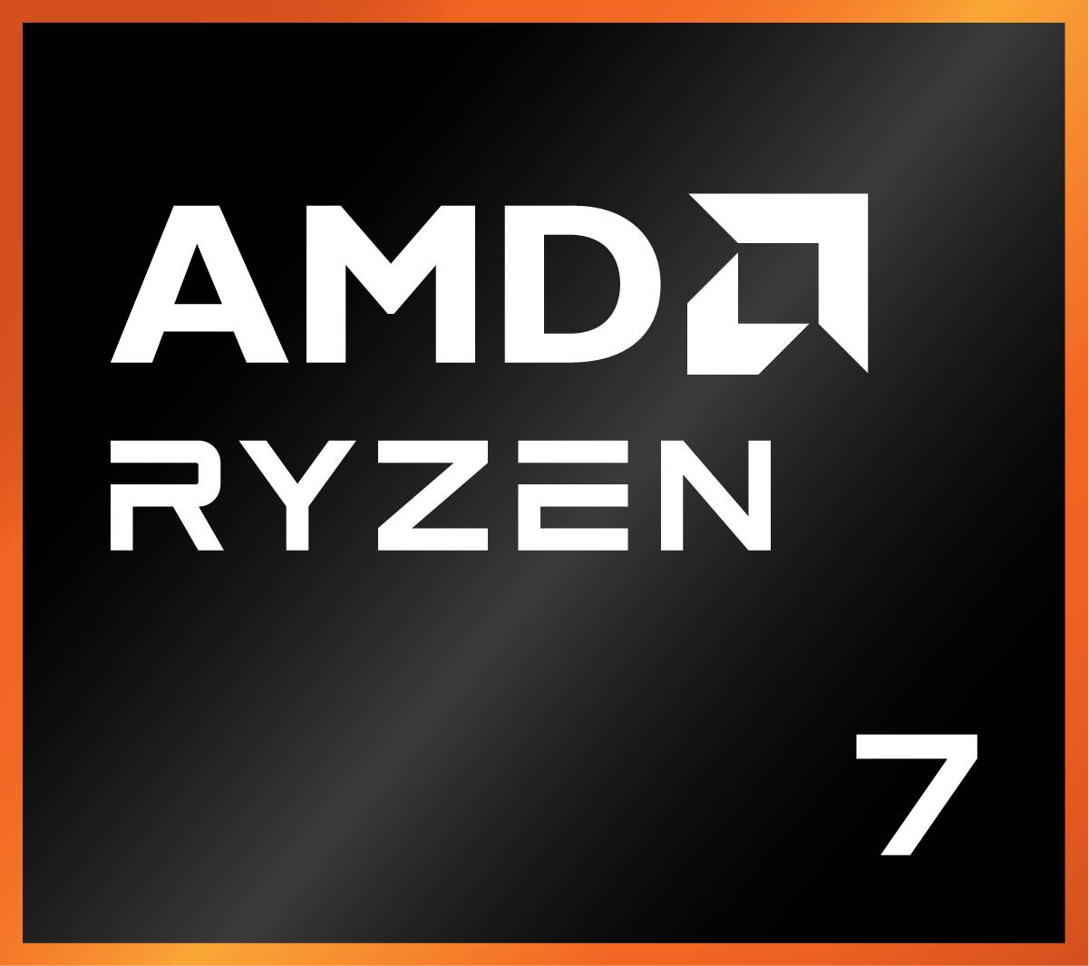 Logo von 'AMD Ryzen 7' auf einem schwarzen Hintergrund mit orangefarbener Umrandung, das die AMD- und Ryzen-Markennamen in fetten weißen Buchstaben präsentiert.