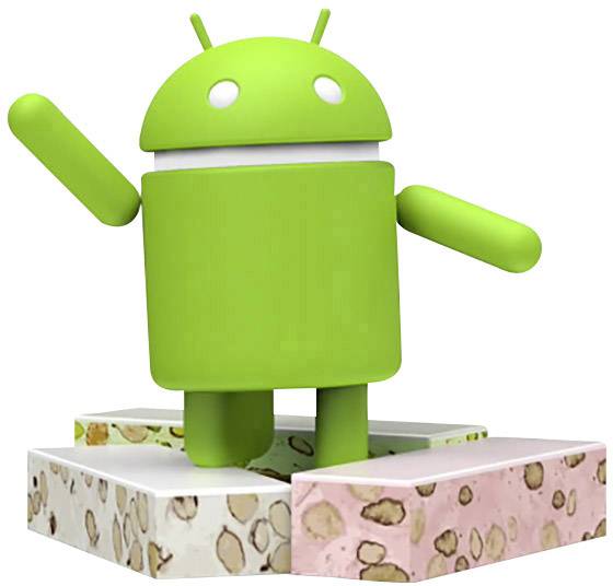 Eine grüne Android-Figur steht auf zwei Stück Nougat. Sie hat runde Augen und Antennen und wirkt fröhlich und dynamisch.