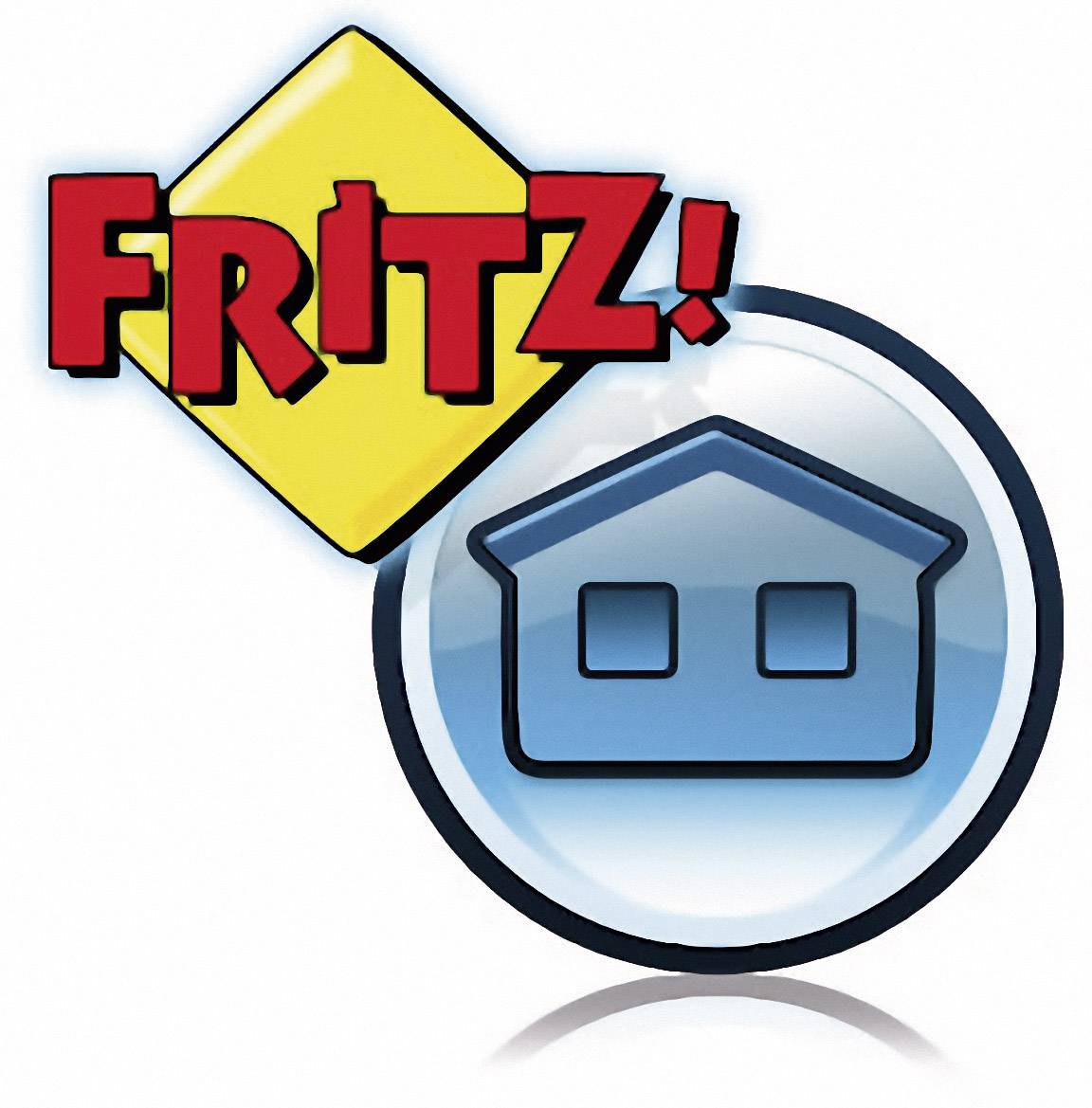 Das Bild zeigt das Logo von 'FRITZ!' mit einem gelben Diamant und einem blauen Haus-Symbol darunter.