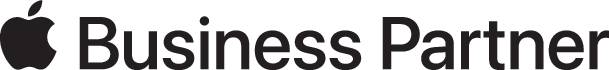 'Apple Business Partner' Logo in weißem Text auf transparentem Hintergrund.