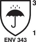Ein Schild mit einem Regenschirm-Symbol und Tropfen darüber. Text: 'ENV 343'. Zahlen '3' oben rechts und '1' unten rechts. Symbolisiert Wetterschutz.