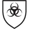 Ein schwarzes Biohazard-Symbol auf einem weißen Schild.