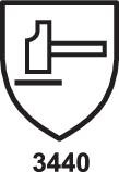 Ein Piktogramm eines Hammers auf einem Schild, mit der Zahl '3440' darunter. Symbol für Prüfnorm oder Sicherheitsstandard.