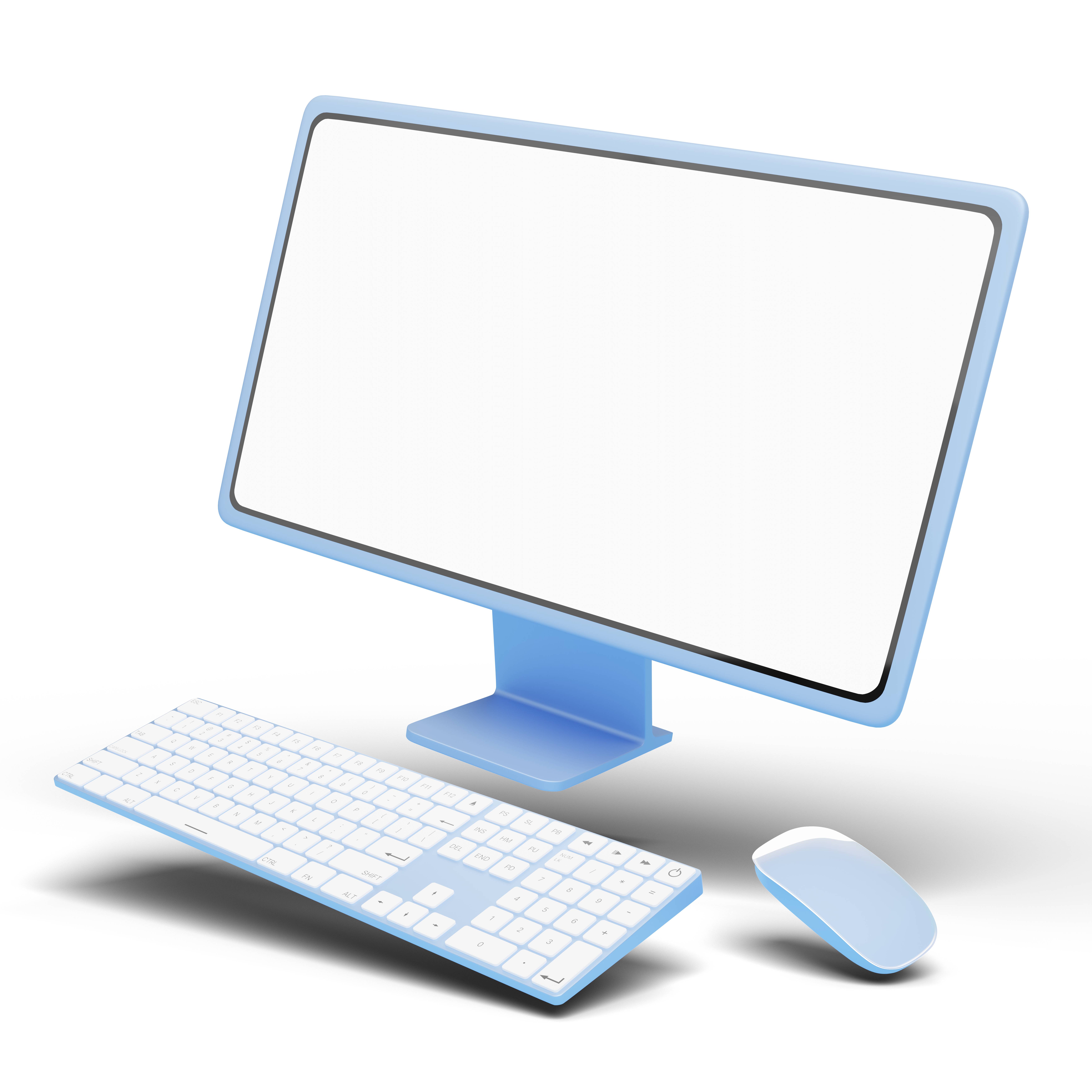 Auf diesem Bild sieht man ein Apple Display mit dem passenden Zubehör in Blau.