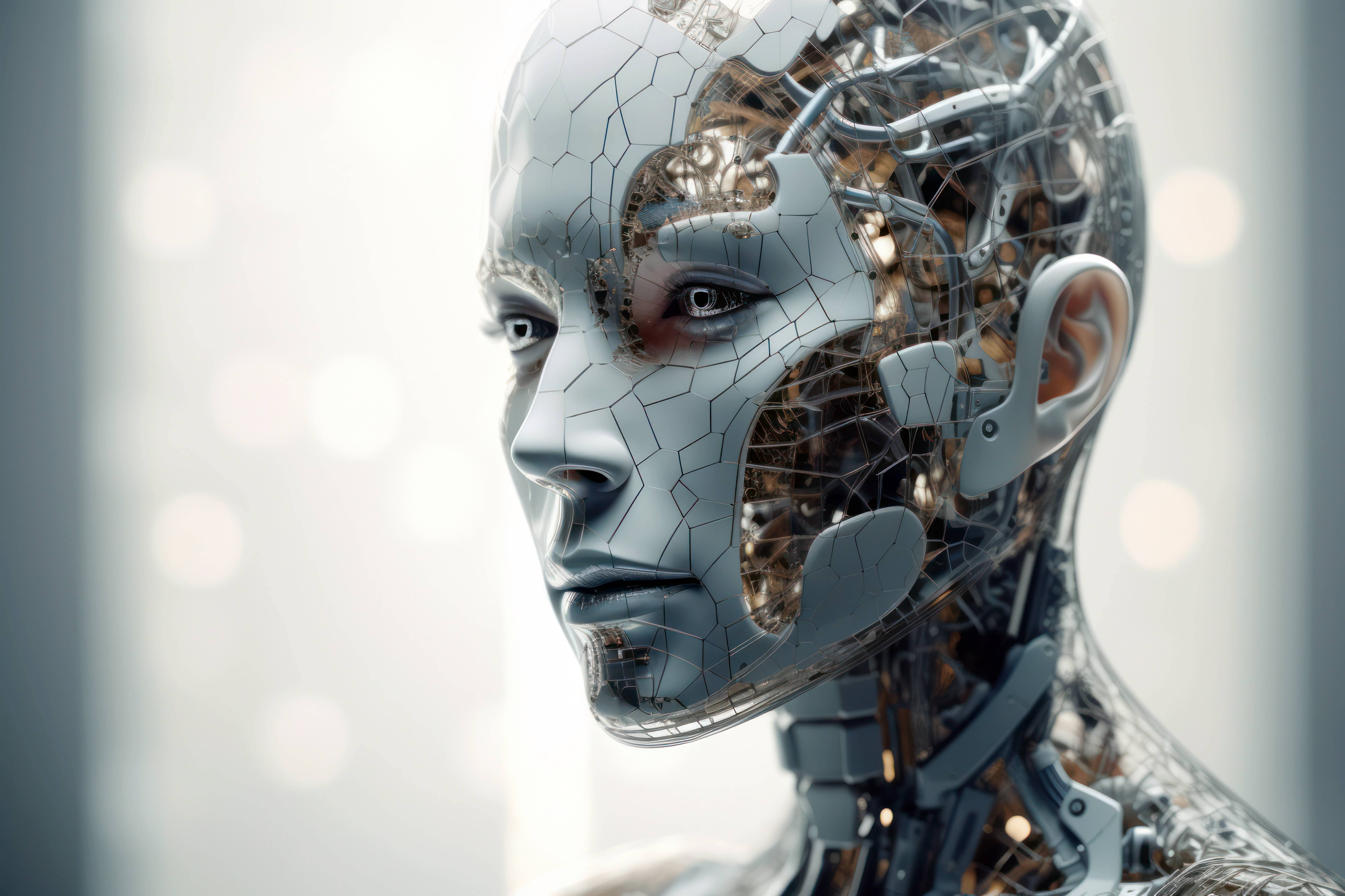 Als Symbolbild für eine KI zeigt die Abbildung den humanoiden Kopf eines Roboters, der feminine Züge aufweist. An der linken Kopfhälfte befindet sich keine strukturierte und hautähnliche Verkleidung, wodurch ein Blick ins Innere möglich wird.