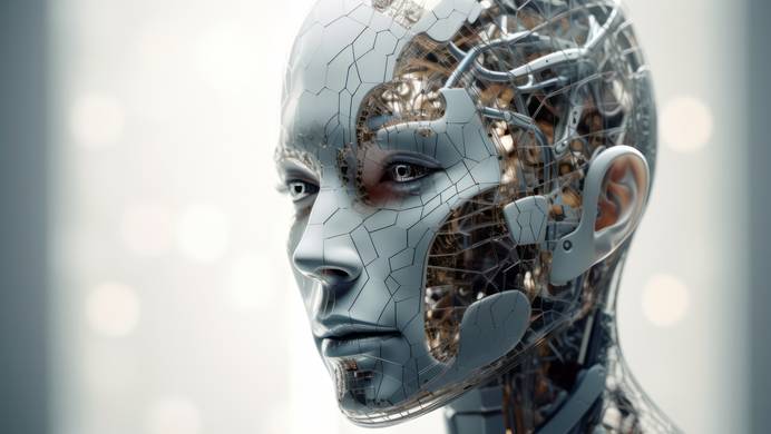 Symbolbild für die KI Als Symbolbild für eine KI zeigt die Abbildung den humanoiden Kopf eines Roboters, der feminine Züge aufweist. An der linken Kopfhälfte befindet sich keine strukturierte und hautähnliche Verkleidung, wodurch ein Blick ins Innere möglich wird.