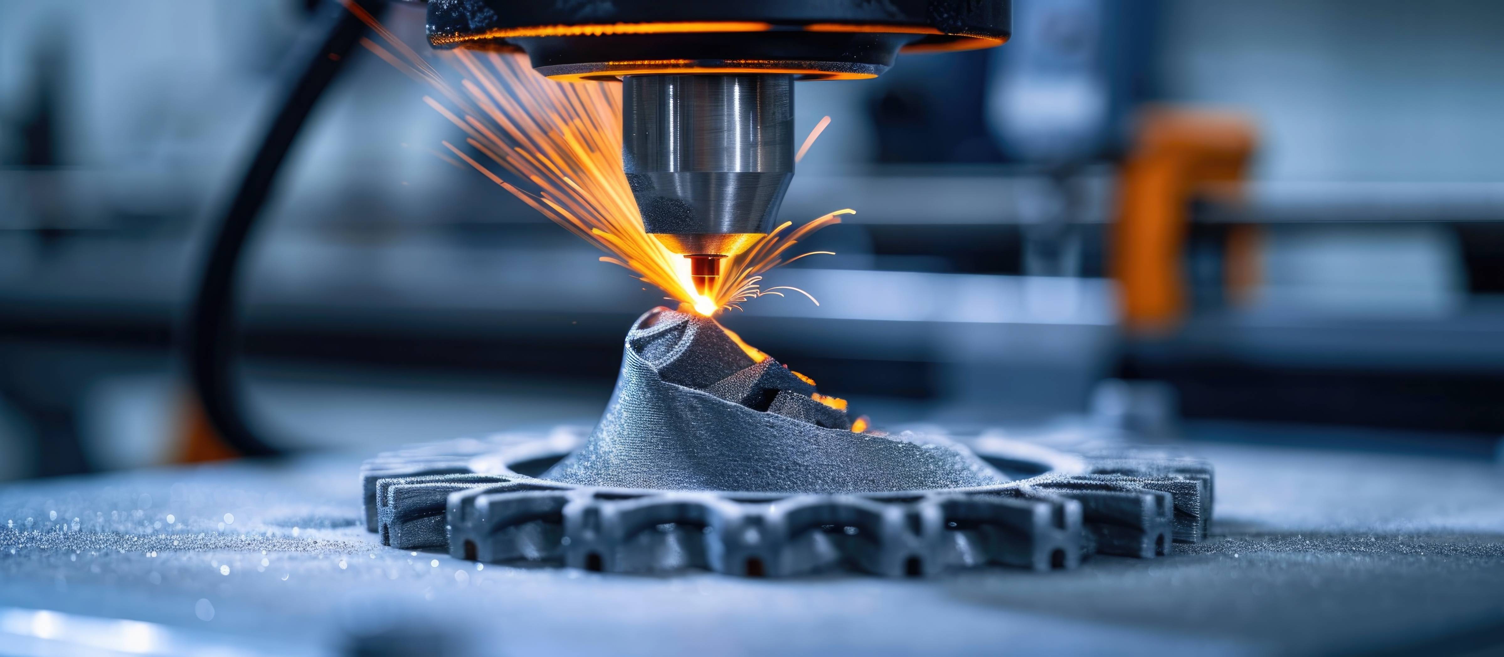 Auf dem Bild sieht man einen Industrie-Drucker bei der Produktion eines Metallbauteils.