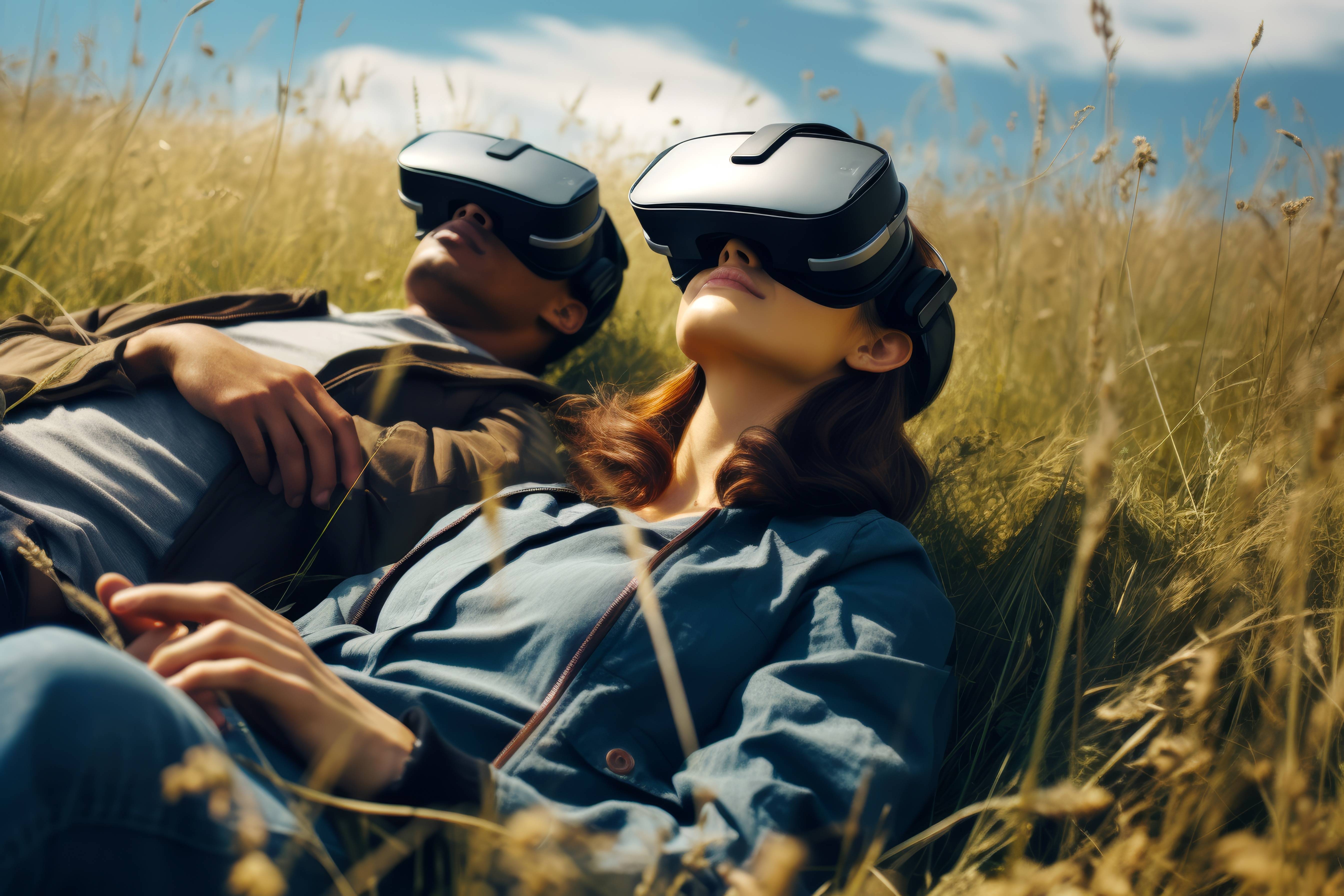 Zwei Personen liegen entspannt in einem Grasfeld und tragen VR-Brillen, während sie den virtuellen Raum erleben.