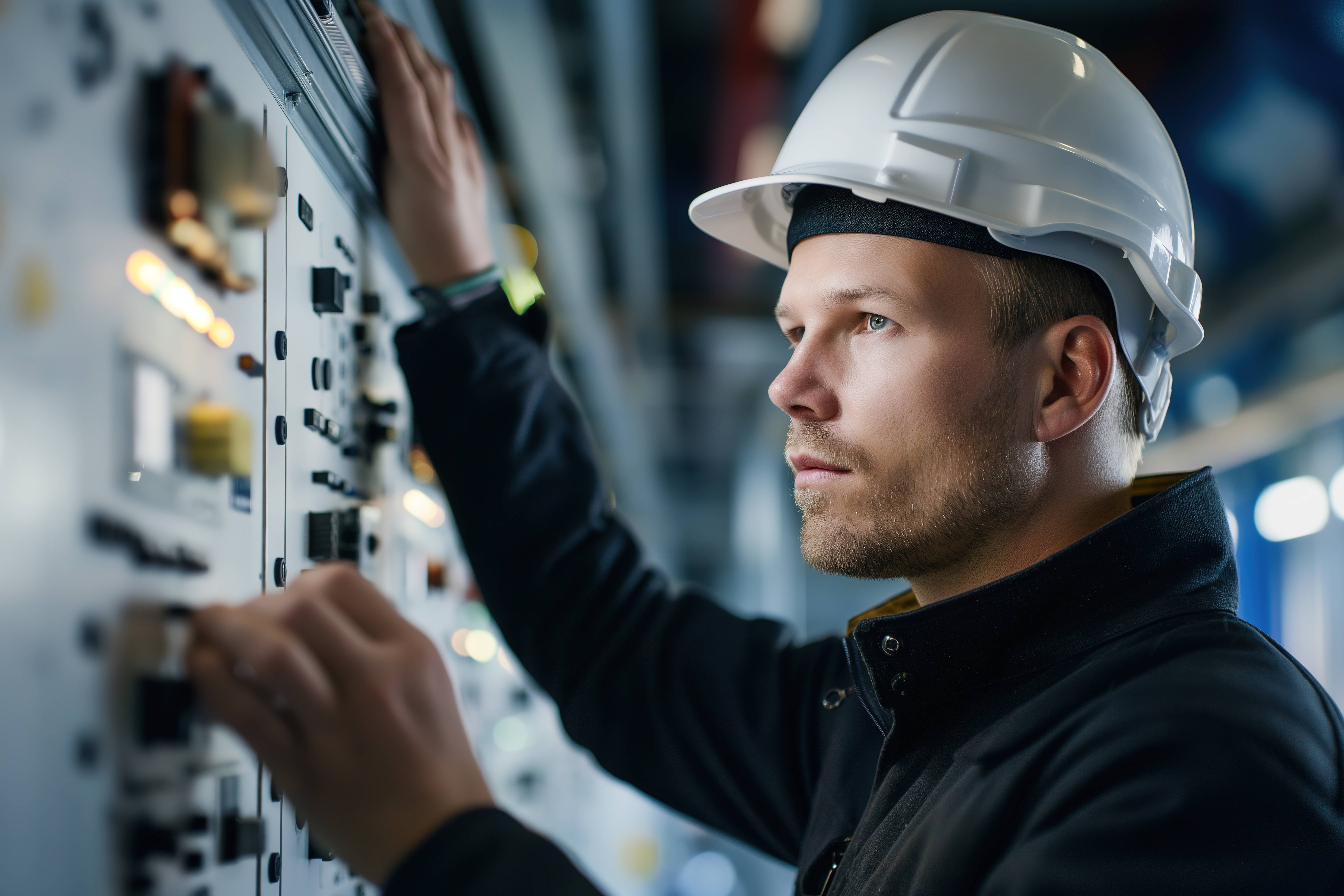 Auf diesem Bild sieht man einen Techniker wie dieser an einer Schaltwand mit Kippschalter arbeitet.