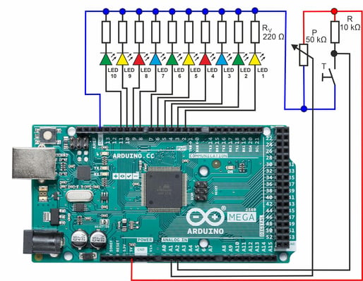 Anschluss der LEDs und der erweiterungsschaltung am Arduino-Board