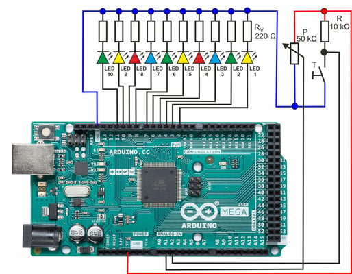 Das Bild zeigt einen Arduino Mega mit den 10 LEDs des Lauflitchts und die zusätzliche Außenbeschaltung mit Poti und Taster.