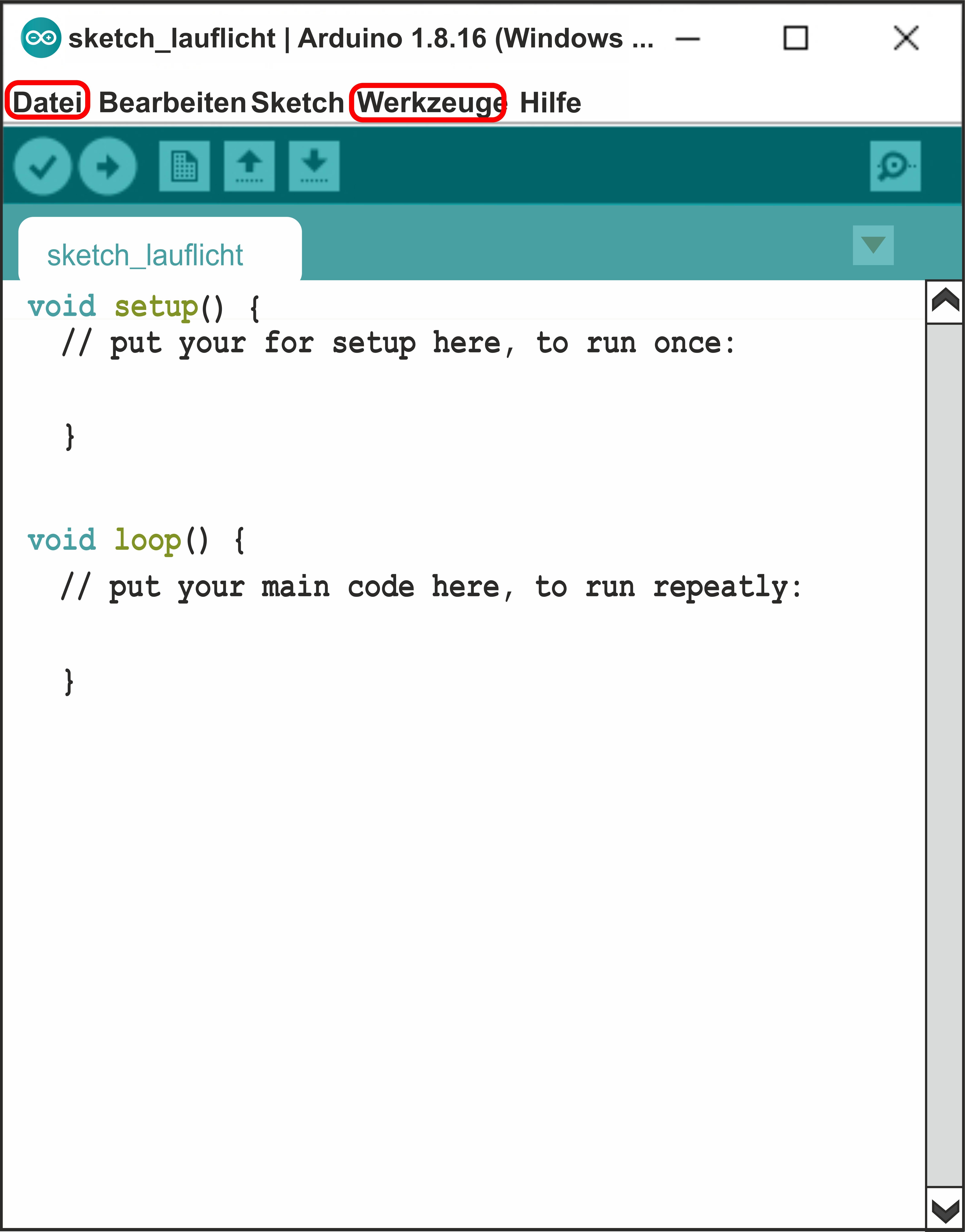 Das Bild zeigt einen Screenshot der IDE-SOftware, bei der die im beigefügten Text angesprochenen Informationen farbig hervorgehoben wurden.