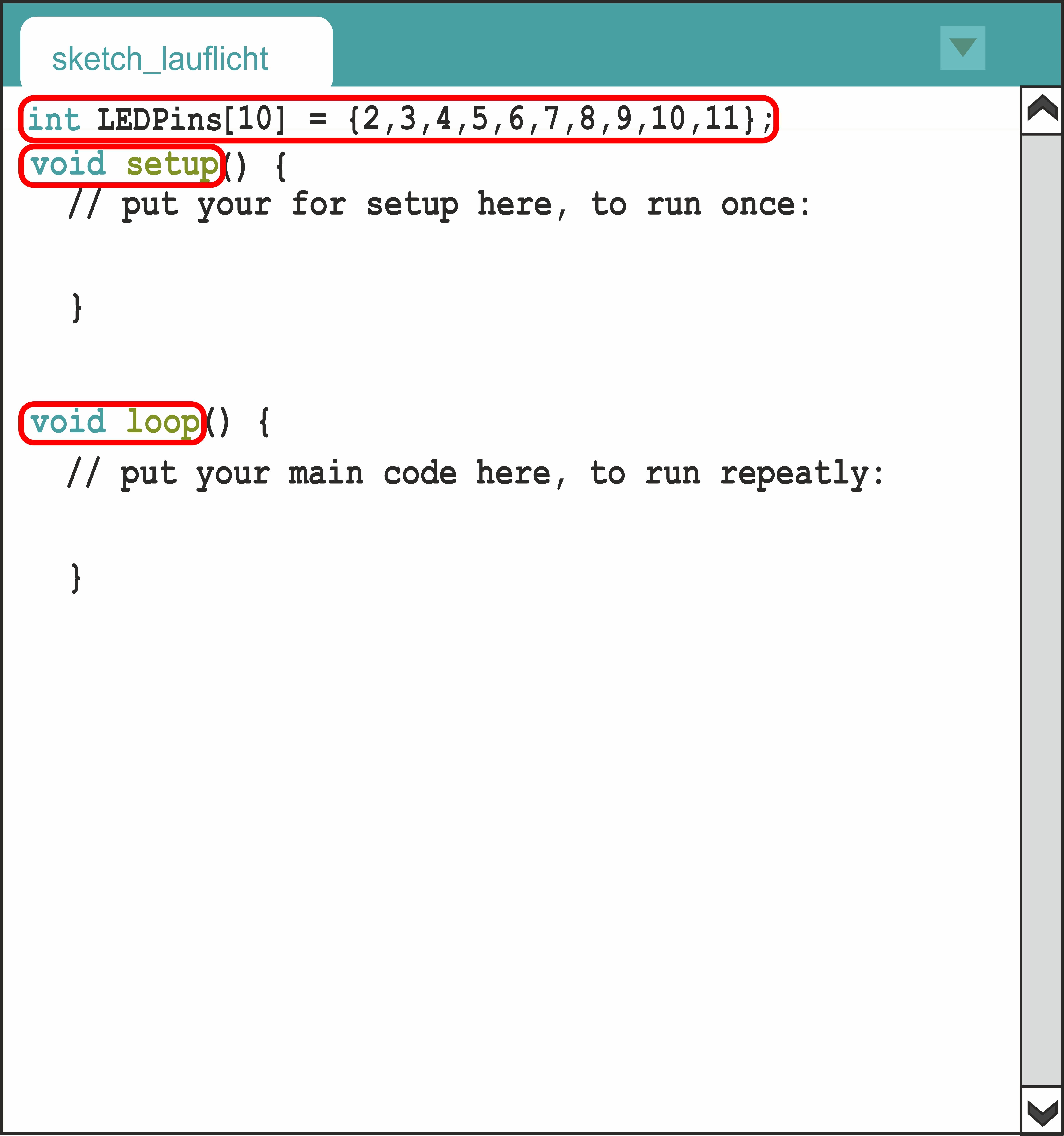 Das Bild zeigt einen Screenshot der IDE-SOftware, bei der die im beigefügten Text angesprochenen Informationen farbig hervorgehoben wurden.