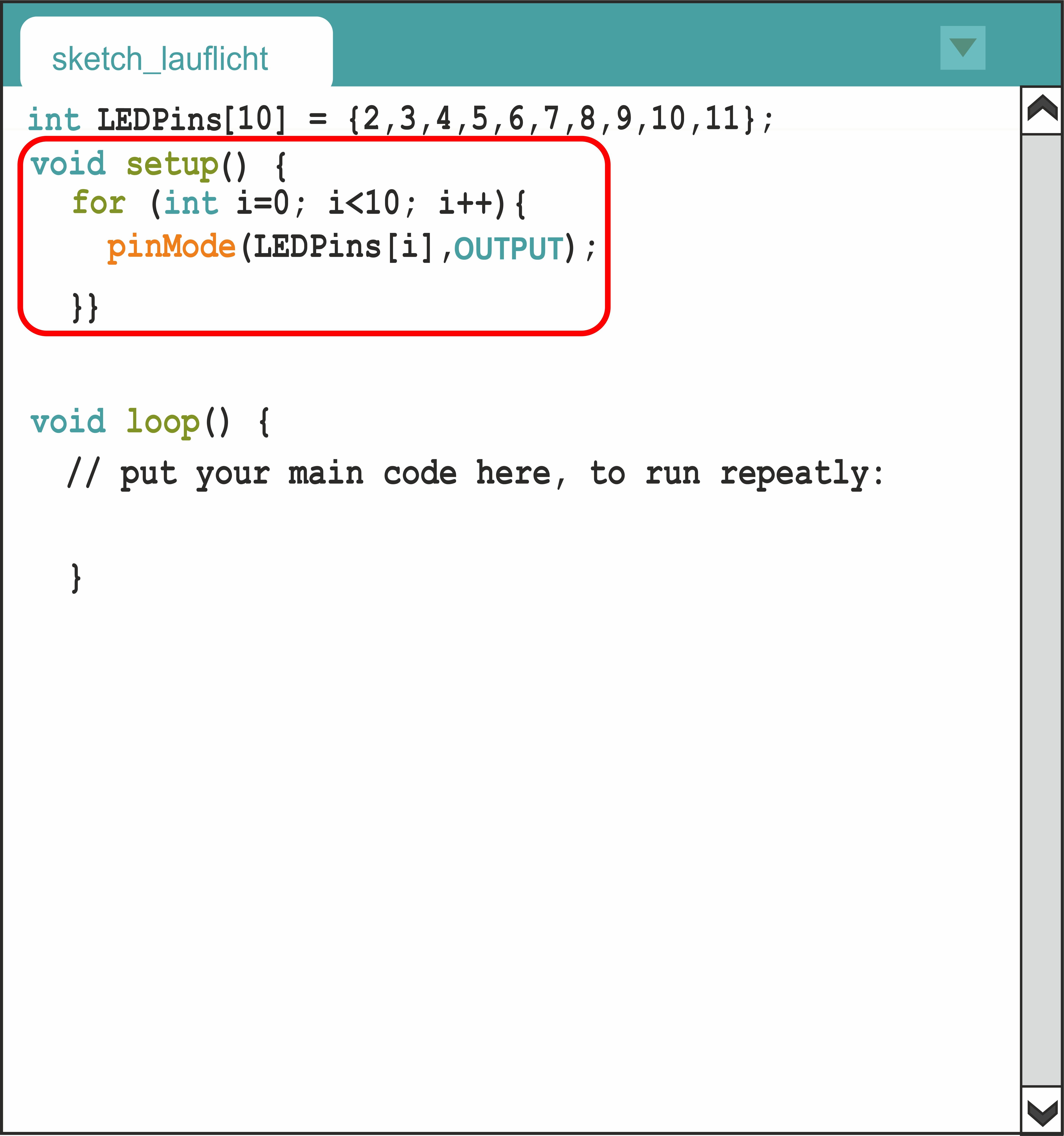 Das Bild zeigt einen Screenshot der IDE-SOftware, bei der die im beigefügten Text angesprochenen Informationen farbig hervorgehoben wurden.