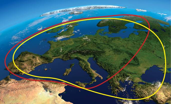 Ausleuchtzonen Astra (rot) Eutelsat (gelb)