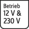'Betrieb 12 V & 230 V' in einem rechteckigen Schild.