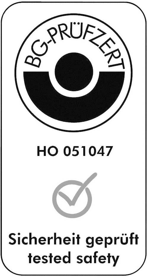 BG-PRÜFZERT-Siegel mit Nummer HO 051047. Text: 'Sicherheit geprüft, tested safety'. Geprüfte Sicherheit von Arbeitsprodukten.