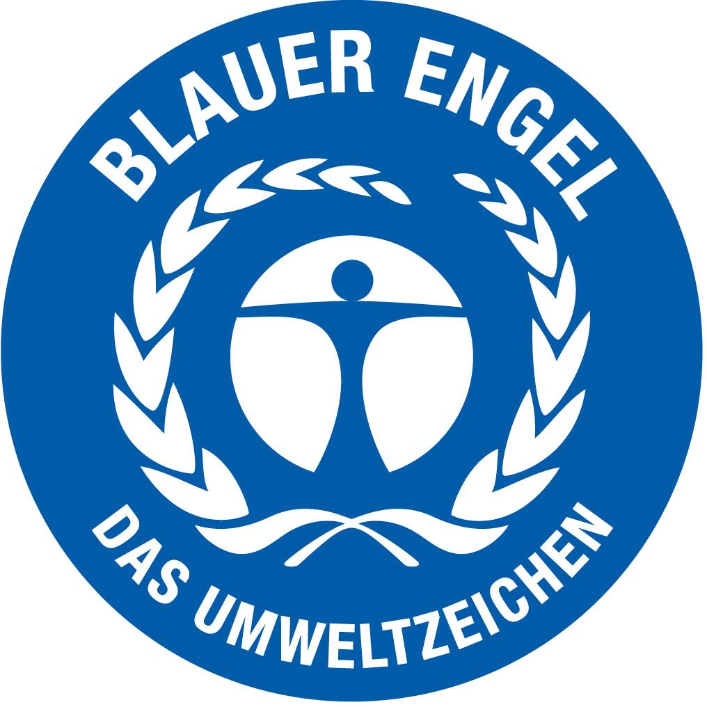 Blauer Engel Logo: Ein stilisierter Mensch in einem Kreis, umgeben von Lorbeerzweigen. Oben 'Blauer Engel', unten 'Das Umweltzeichen'.