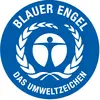 Blauer Engel Logo: Ein stilisierter Mensch in einem Kreis, umgeben von Lorbeerzweigen. Oben 'Blauer Engel', unten 'Das Umweltzeichen'.