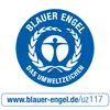 Das Bild zeigt das 'Blauer Engel' Umweltzeichen, das Nachhaltigkeit und umweltfreundliche Produkte kennzeichnet, mit Website-URL.