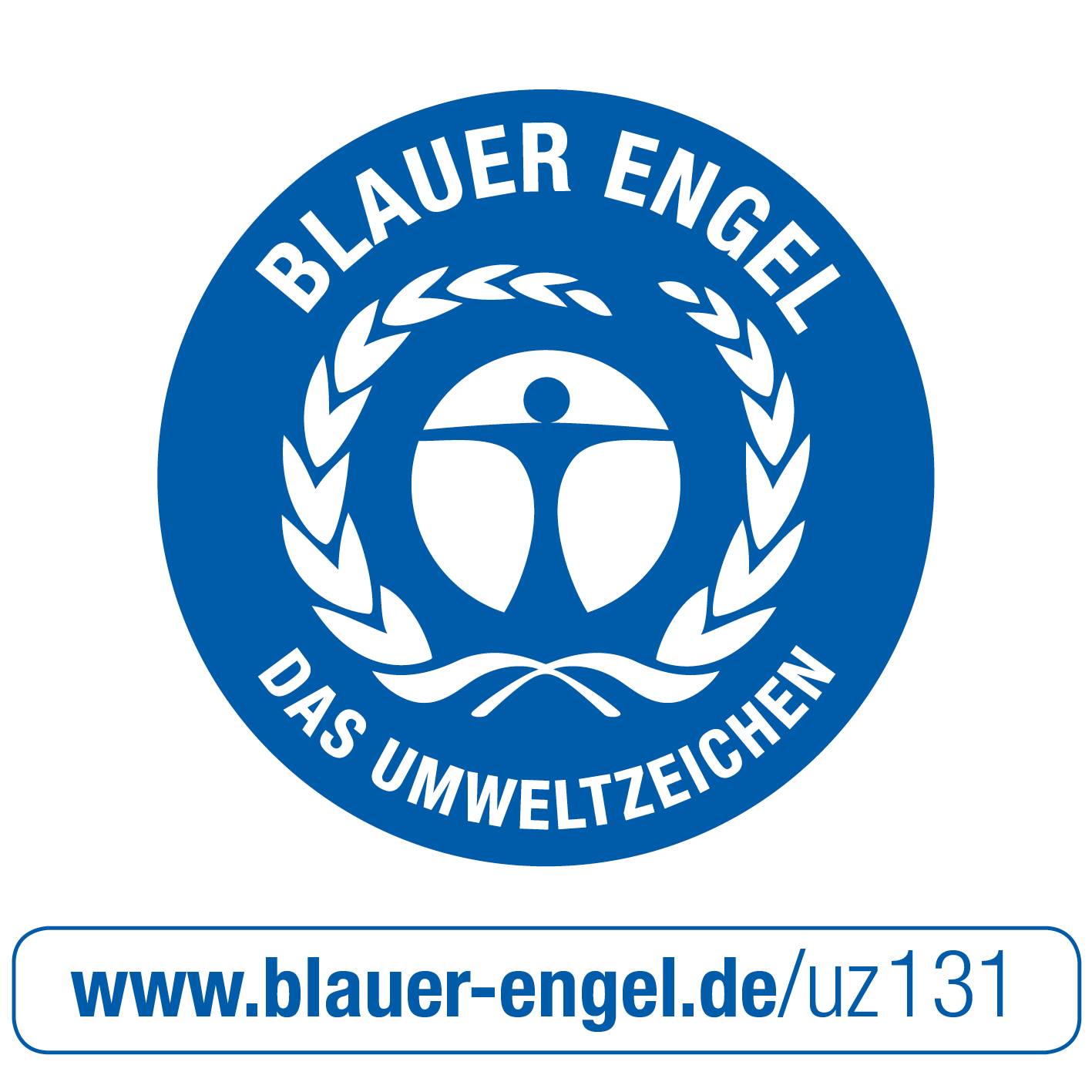 Blauer Engel Logo mit Schriftzug 'Blauer Engel - Das Umweltzeichen'. Darunter die Website 'www.blauer-engel.de/uz131' in Blau.
