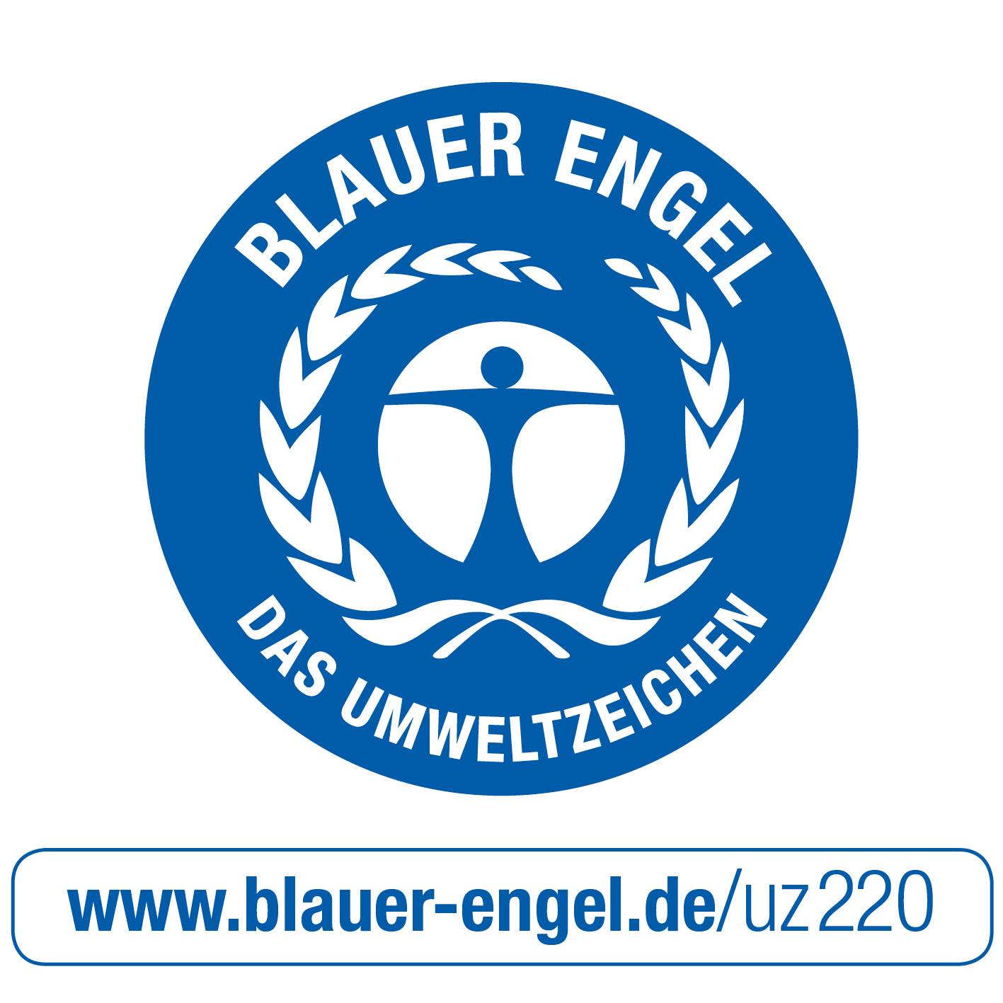 Blaues Engel Siegel zeigt eine stilisierte Figur in einem Kranz. Text: 'Blauer Engel - Das Umweltzeichen'. Webseite unten: 'www.blauer-engel.de/uz220'.