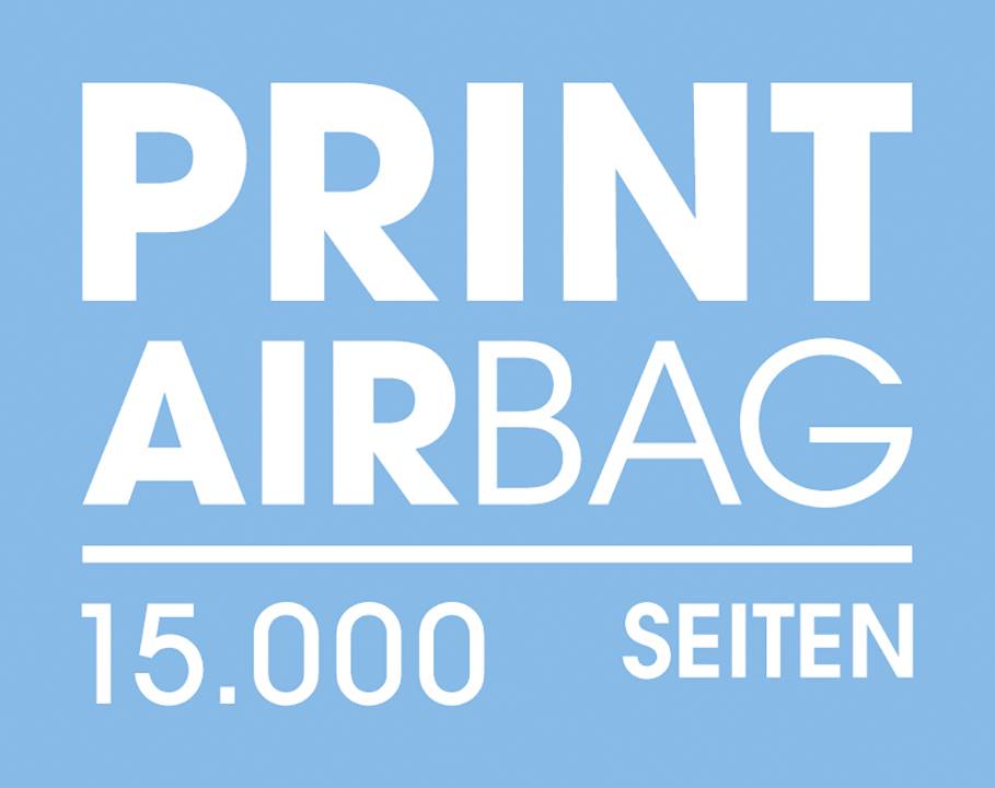 'PRINT AIRBAG 15.000 SEITEN' in weißer Schrift auf blauem Hintergrund.