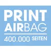 'PRINT AIRBAG 400.000 SEITEN' in weißer Schrift auf hellblauem Hintergrund.