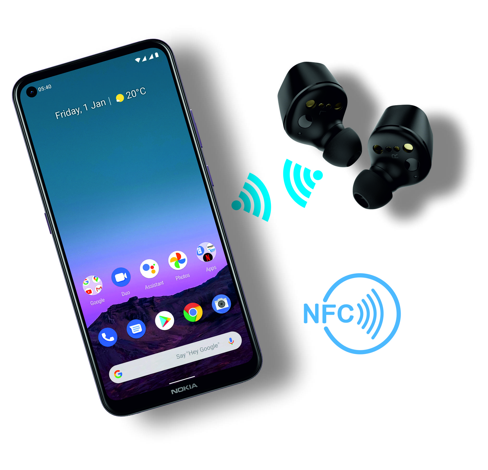 Das Bild zeigt ein Smartphone und Ohrhöhrer. Über Symbole wird zudem dargestellt, dass die Geräte über NFC mit Bluetooth gekoppelt wurden.   