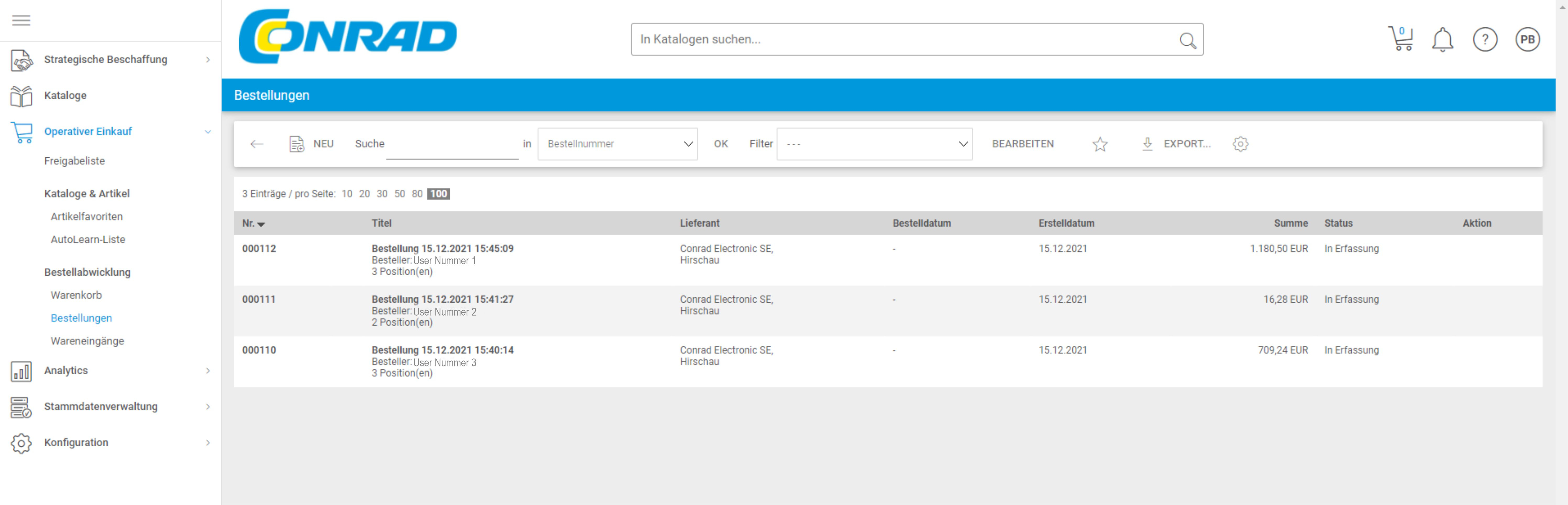 Screenshot der CSP-Besteller-Liste