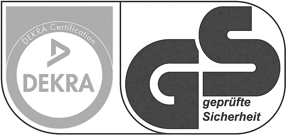 'DEKRA'-Zertifizierungslogo neben 'GS'-Prüfsiegel mit 'geprüfte Sicherheit'-Text. Symbolisiert Produktqualitäts- und Sicherheitsprüfung.