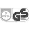 'DEKRA'-Zertifizierungslogo neben 'GS'-Prüfsiegel mit 'geprüfte Sicherheit'-Text. Symbolisiert Produktqualitäts- und Sicherheitsprüfung.