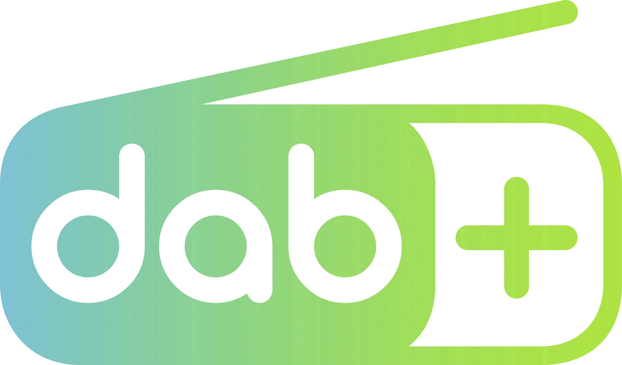 Logo mit grün-blauem Farbverlauf, zeigt ein stilisiertes Radio mit der Aufschrift 'dab+'.