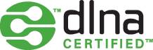 "DLNA CERTIFIED"-Logo in Grün und Schwarz, mit stilisiertem Netzwerk-Symbol links.