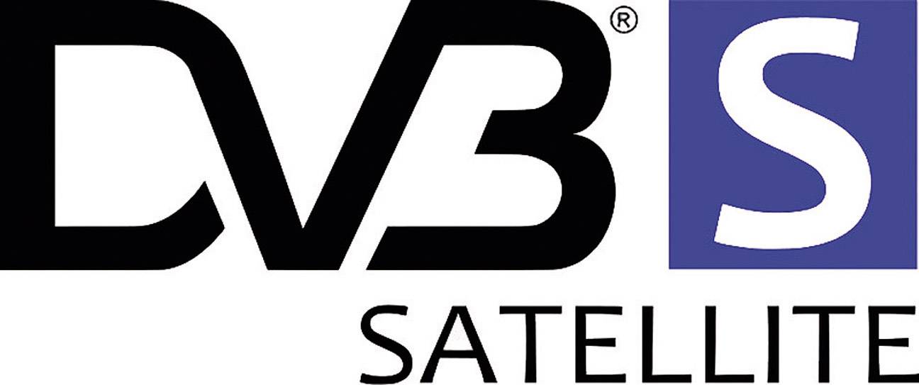'Logo von DVB-S mit schwarzem Text "DVB" und einem blauen Quadrat mit weißem "S", darunter steht "SATELLITE" in Großbuchstaben.'
