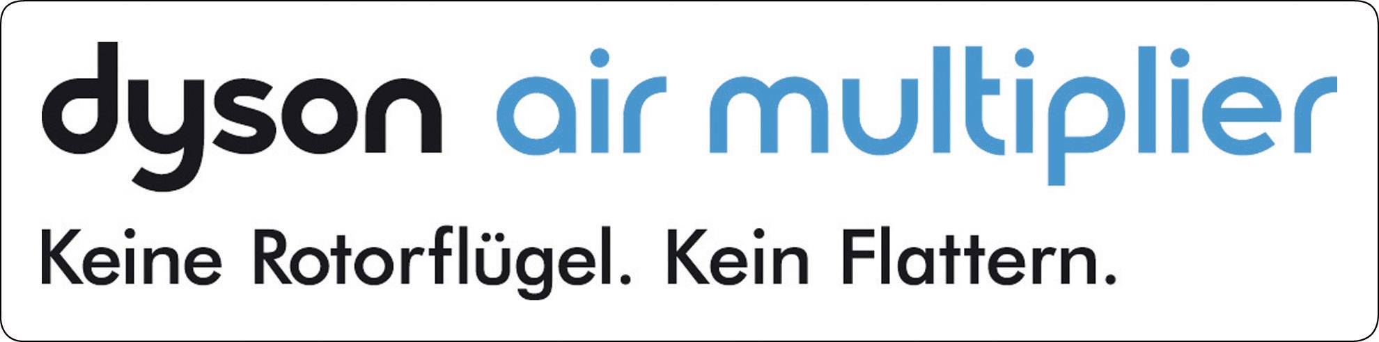'dyson air multiplier. Keine Rotorflügel. Kein Flattern.' – Logo und Werbeslogan eines Ventilators ohne sichtbare Rotoren.