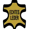 Ein schwarzes Emblem in Lederform mit gelbem Innenbereich zeigt den Text 'ECHTES LEDER' in schwarzen Großbuchstaben.