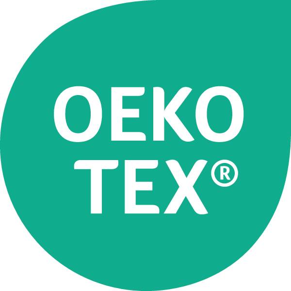 Ein rosa kreisförmiges Logo mit dem Text 'OEKO TEX' in fetten schwarzen Buchstaben, das einen Textilzertifizierungsstandard symbolisiert.