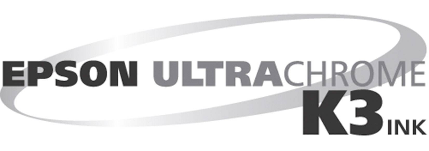 Logo mit der Aufschrift 'EPSON ULTRACHROME K3 INK' in Schwarz-Weiß. Ein ovaler Ring umgibt den Text.