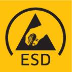 Ein gelbes Symbol mit einem schwarzen Dreieck, darin eine Hand über einem Chip. Darunter steht 'ESD', was für elektrostatische Entladung steht.