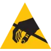 Ein schwarzes Symbol einer Hand, die einen Stab hält, vor einem gelben, dreieckigen Hintergrund.