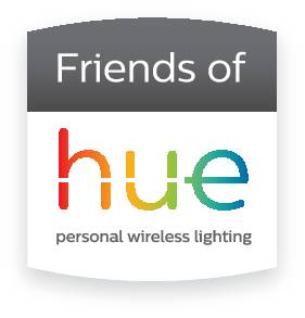 Ein schwarz-graues Label mit dem Text 'Friends of hue' und 'personal wireless lighting', zeigt eine Verbindung zu Hue-Beleuchtung.