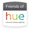Ein schwarz-graues Label mit dem Text 'Friends of hue' und 'personal wireless lighting', zeigt eine Verbindung zu Hue-Beleuchtung.